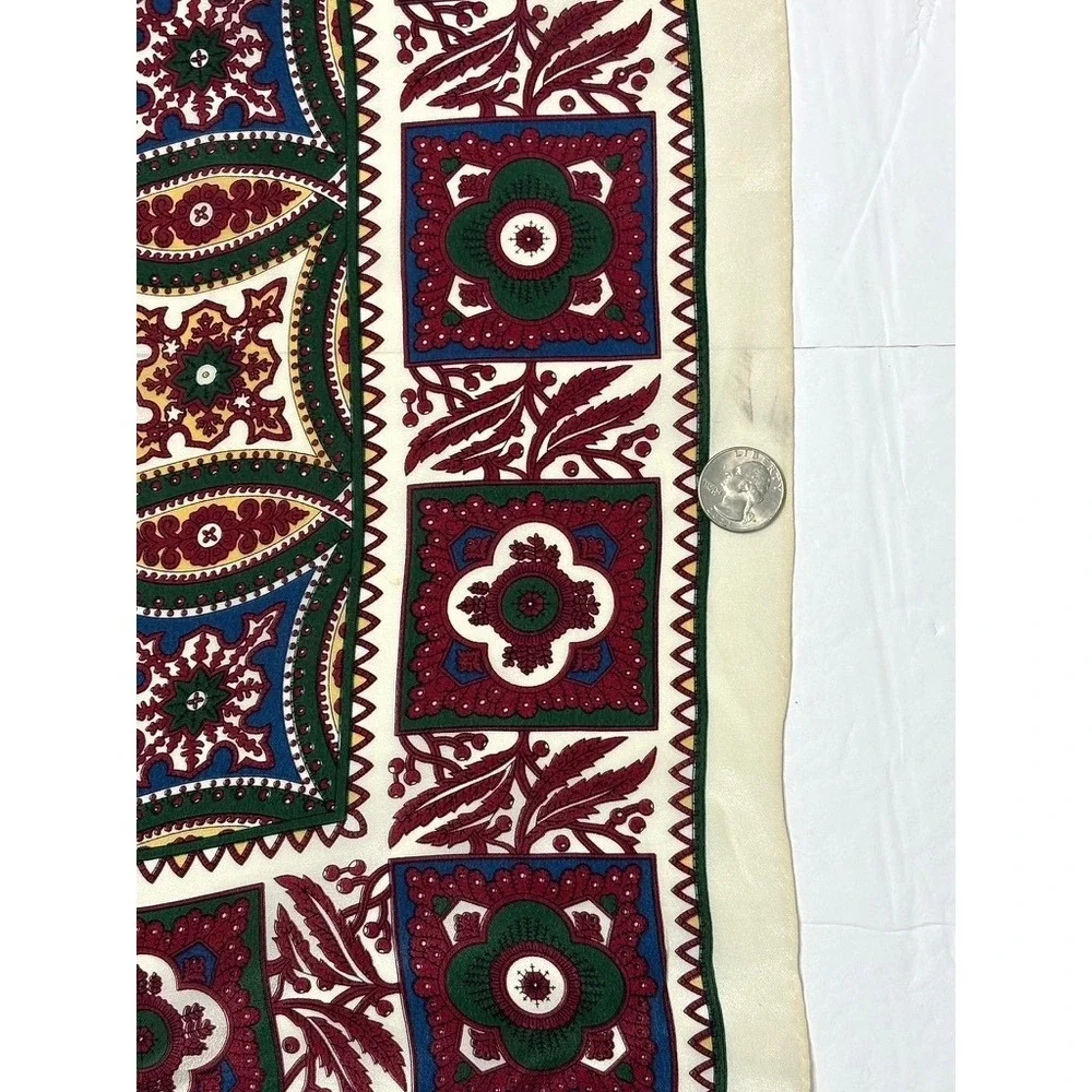 Ginnie Johansen Vintage Silk Square Shawl Burgundy Green Mosaic Head Scarf